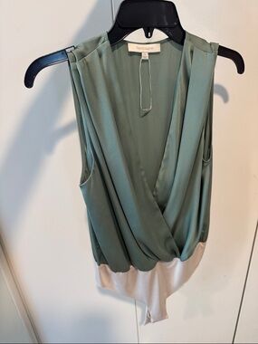 Favorite Daughter Sage Green and Cream Draped Sleeveless Bodysuit